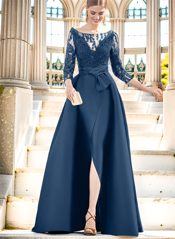 A-Line Illusion Neck 3/4 Sleeves Floor-Length Satin Mother Of The Bride Dresses With Split Front