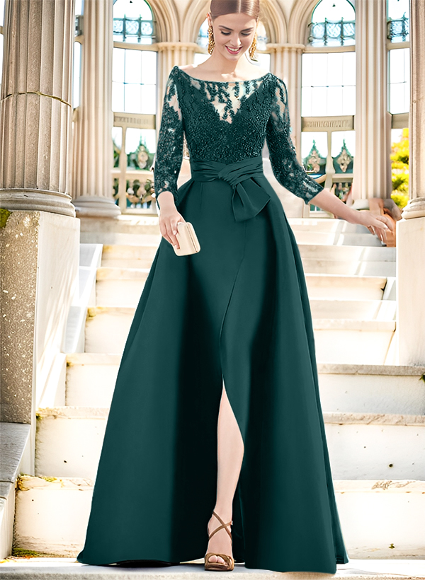 A-Line Illusion Neck 3/4 Sleeves Floor-Length Satin Mother Of The Bride Dresses With Split Front