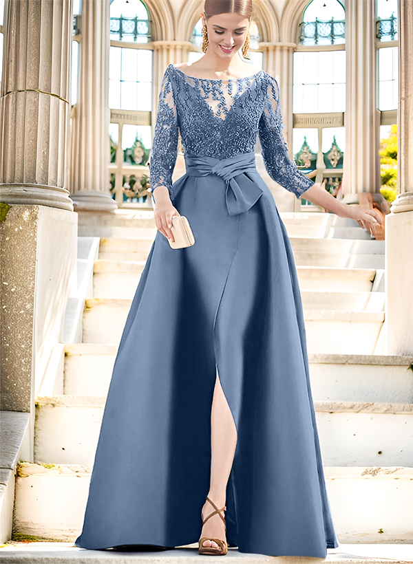 A-Line Illusion Neck 3/4 Sleeves Floor-Length Satin Mother Of The Bride Dresses With Split Front