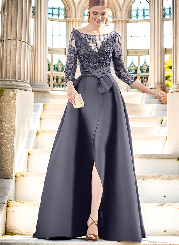 A-Line Illusion Neck 3/4 Sleeves Floor-Length Satin Mother Of The Bride Dresses With Split Front