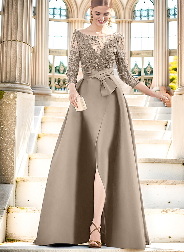 A-Line Illusion Neck 3/4 Sleeves Floor-Length Satin Mother Of The Bride Dresses With Split Front