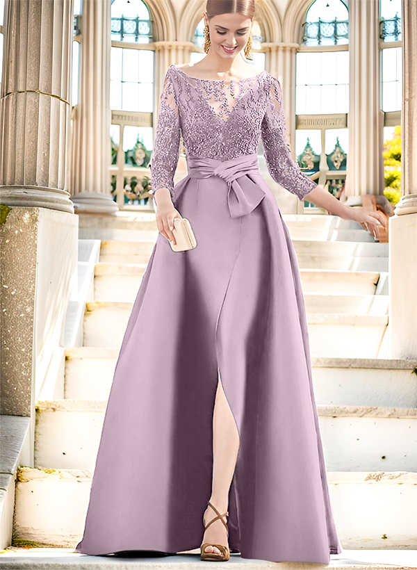 A-Line Illusion Neck 3/4 Sleeves Floor-Length Satin Mother Of The Bride Dresses With Split Front