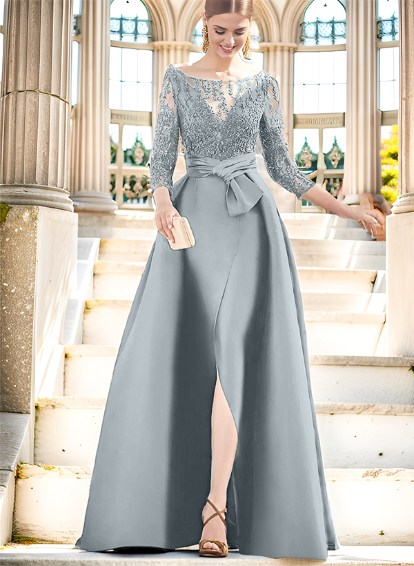 A-Line Illusion Neck 3/4 Sleeves Floor-Length Satin Mother Of The Bride Dresses With Split Front
