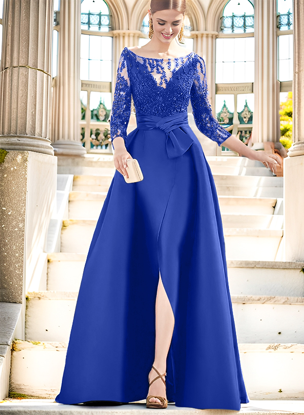 A-Line Illusion Neck 3/4 Sleeves Floor-Length Satin Mother Of The Bride Dresses With Split Front