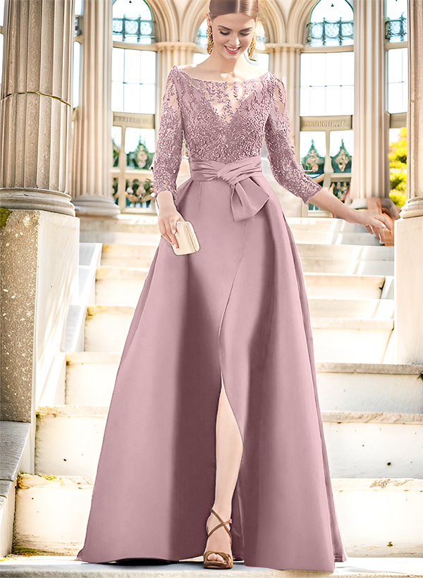 A-Line Illusion Neck 3/4 Sleeves Floor-Length Satin Mother Of The Bride Dresses With Split Front