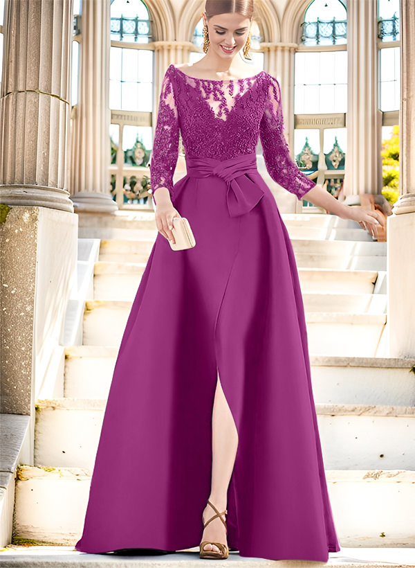 A-Line Illusion Neck 3/4 Sleeves Floor-Length Satin Mother Of The Bride Dresses With Split Front