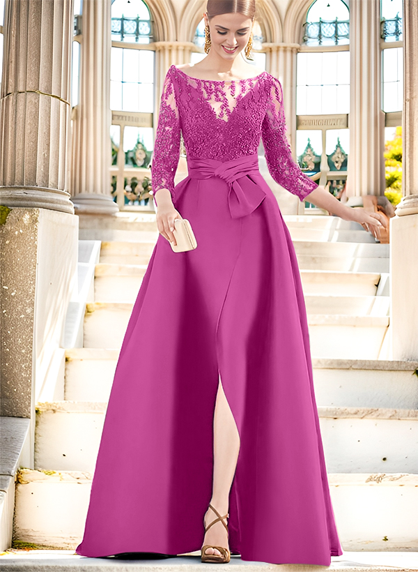 A-Line Illusion Neck 3/4 Sleeves Floor-Length Satin Mother Of The Bride Dresses With Split Front