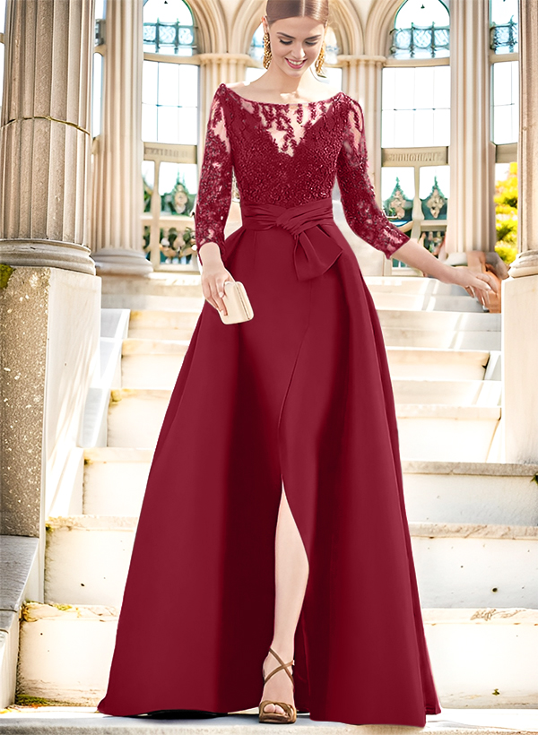 A-Line Illusion Neck 3/4 Sleeves Floor-Length Satin Mother Of The Bride Dresses With Split Front