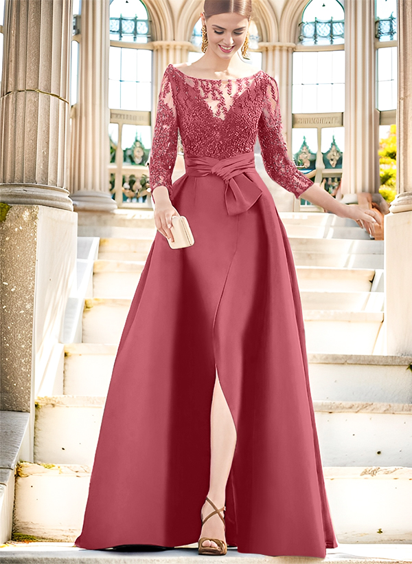 A-Line Illusion Neck 3/4 Sleeves Floor-Length Satin Mother Of The Bride Dresses With Split Front