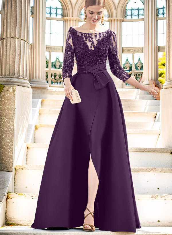 A-Line Illusion Neck 3/4 Sleeves Floor-Length Satin Mother Of The Bride Dresses With Split Front