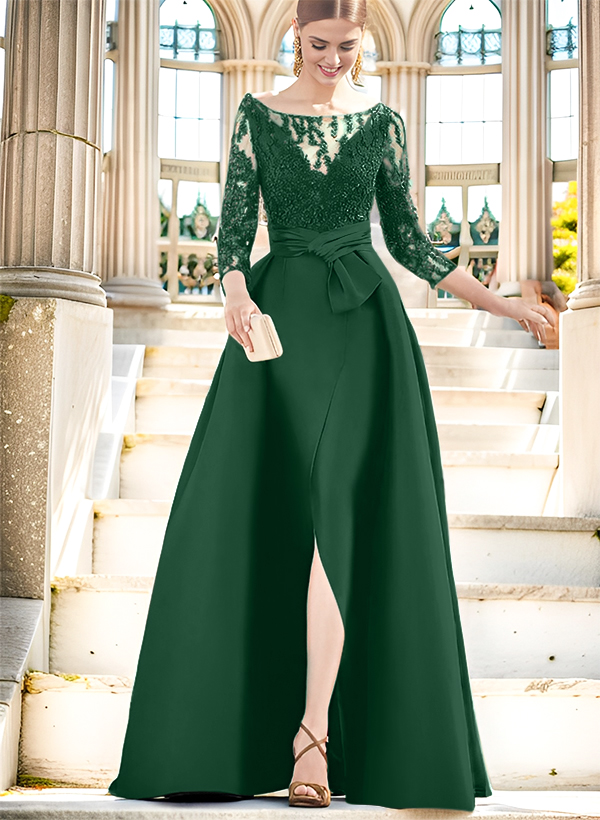 A-Line Illusion Neck 3/4 Sleeves Floor-Length Satin Mother Of The Bride Dresses With Split Front