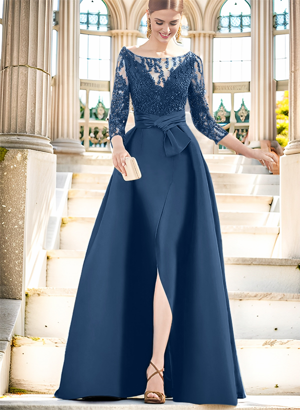 A-Line Illusion Neck 3/4 Sleeves Floor-Length Satin Mother Of The Bride Dresses With Split Front