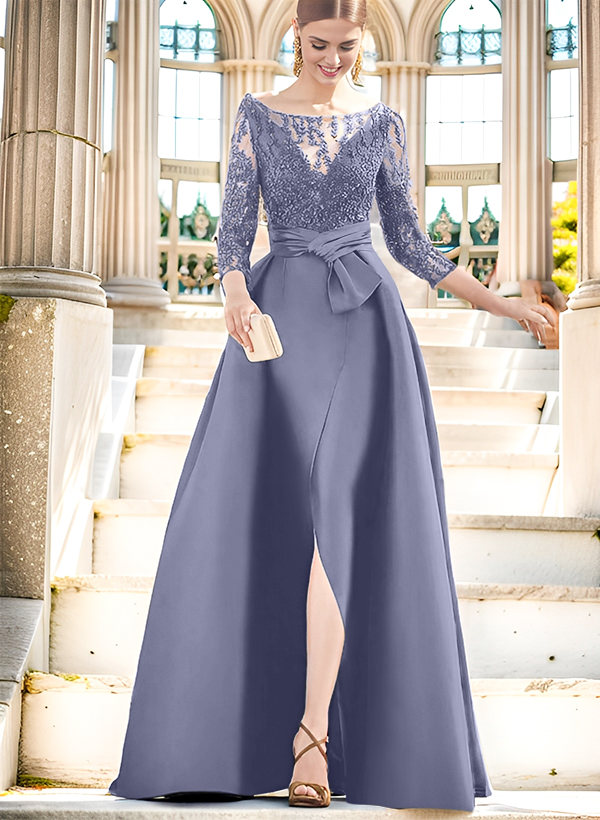 A-Line Illusion Neck 3/4 Sleeves Floor-Length Satin Mother Of The Bride Dresses With Split Front