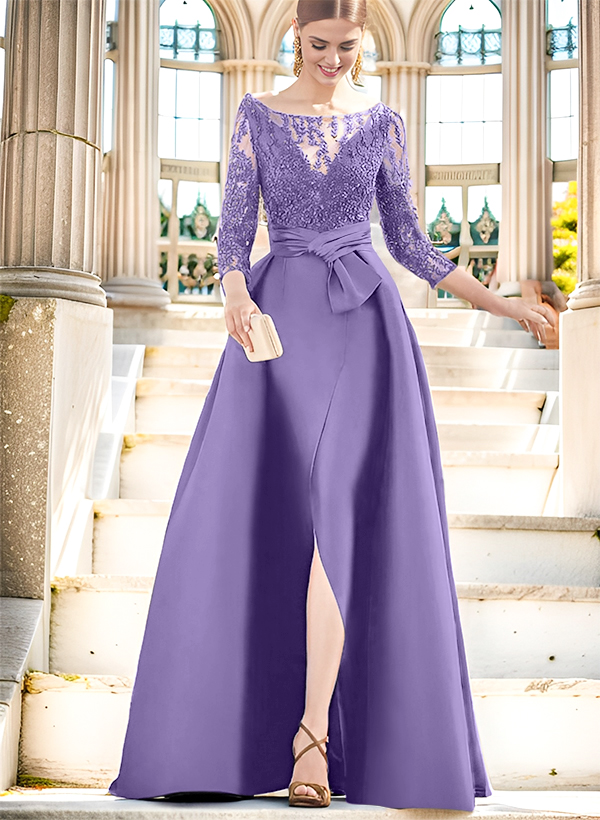 A-Line Illusion Neck 3/4 Sleeves Floor-Length Satin Mother Of The Bride Dresses With Split Front