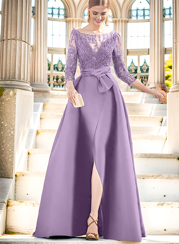 A-Line Illusion Neck 3/4 Sleeves Floor-Length Satin Mother Of The Bride Dresses With Split Front