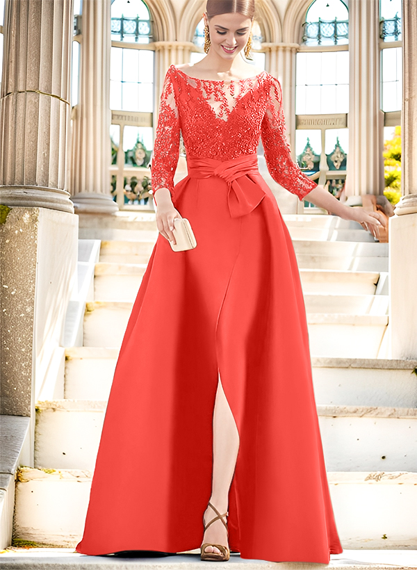 A-Line Illusion Neck 3/4 Sleeves Floor-Length Satin Mother Of The Bride Dresses With Split Front
