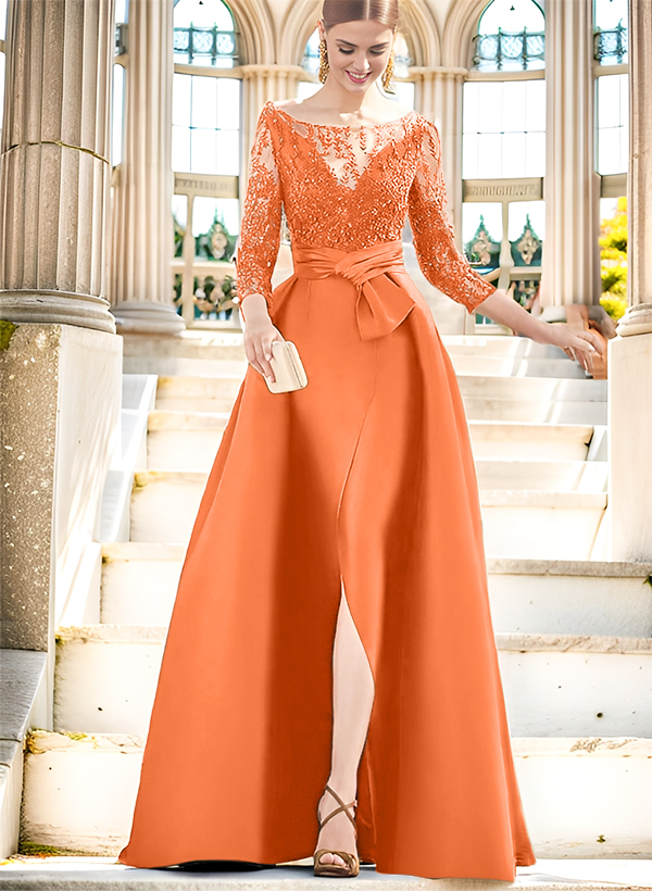 A-Line Illusion Neck 3/4 Sleeves Floor-Length Satin Mother Of The Bride Dresses With Split Front