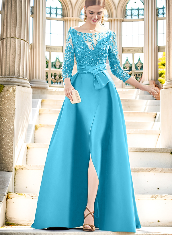 A-Line Illusion Neck 3/4 Sleeves Floor-Length Satin Mother Of The Bride Dresses With Split Front