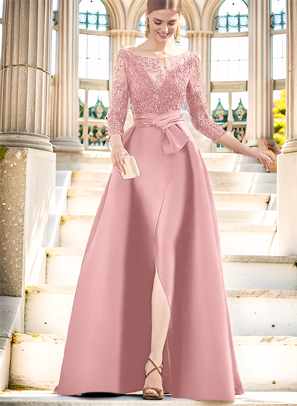 A-Line Illusion Neck 3/4 Sleeves Floor-Length Satin Mother Of The Bride Dresses With Split Front