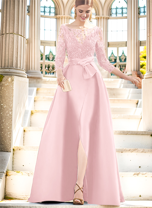 A-Line Illusion Neck 3/4 Sleeves Floor-Length Satin Mother Of The Bride Dresses With Split Front