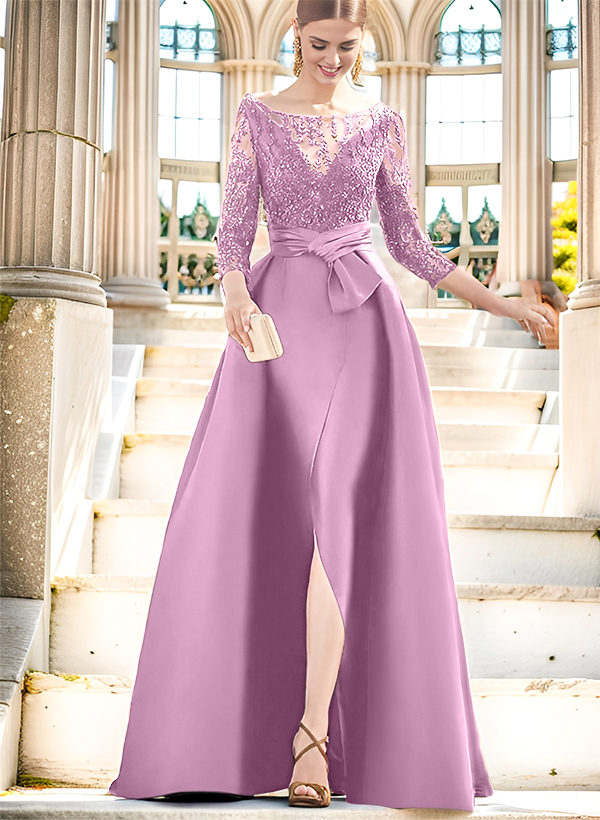 A-Line Illusion Neck 3/4 Sleeves Floor-Length Satin Mother Of The Bride Dresses With Split Front