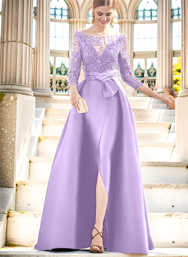 A-Line Illusion Neck 3/4 Sleeves Floor-Length Satin Mother Of The Bride Dresses With Split Front