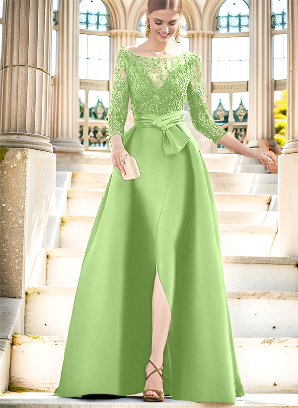 A-Line Illusion Neck 3/4 Sleeves Floor-Length Satin Mother Of The Bride Dresses With Split Front