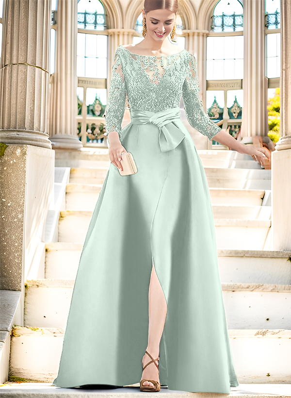A-Line Illusion Neck 3/4 Sleeves Floor-Length Satin Mother Of The Bride Dresses With Split Front
