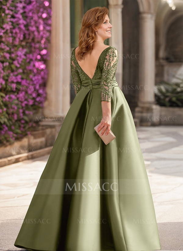 A-Line Illusion Neck 3/4 Sleeves Floor-Length Satin Mother Of The Bride Dresses With Split Front