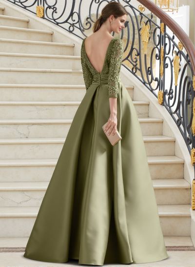 A-Line Illusion Neck 3/4 Sleeves Floor-Length Satin Mother Of The Bride Dresses With Split Front