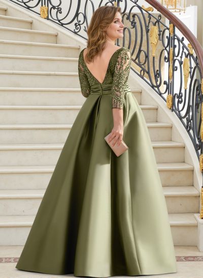 A-Line Illusion Neck 3/4 Sleeves Floor-Length Satin Mother Of The Bride Dresses With Split Front