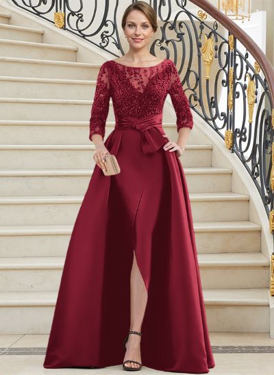 A-Line Illusion Neck 3/4 Sleeves Floor-Length Satin Mother Of The Bride Dresses With Split Front