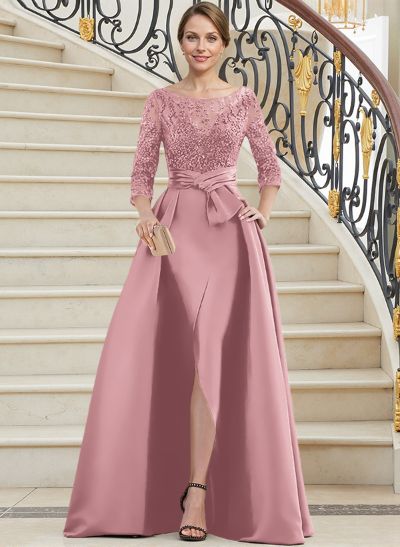 A-Line Illusion Neck 3/4 Sleeves Floor-Length Satin Mother Of The Bride Dresses With Split Front