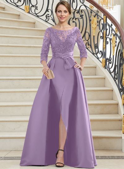 A-Line Illusion Neck 3/4 Sleeves Floor-Length Satin Mother Of The Bride Dresses With Split Front