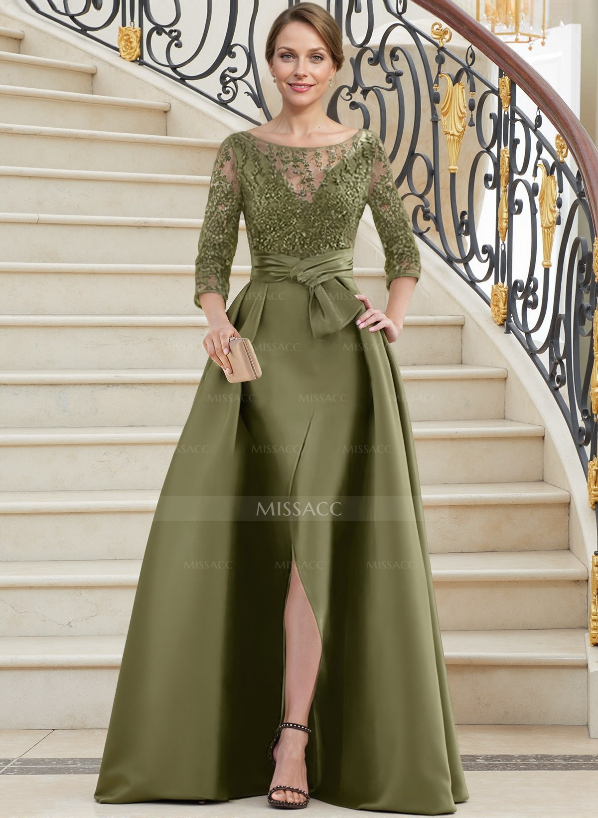 A-Line Illusion Neck 3/4 Sleeves Floor-Length Satin Mother Of The Bride Dresses With Split Front