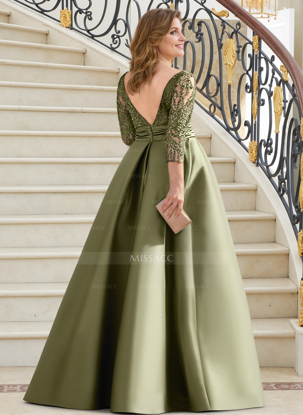 A-Line Illusion Neck 3/4 Sleeves Floor-Length Satin Mother Of The Bride Dresses With Split Front