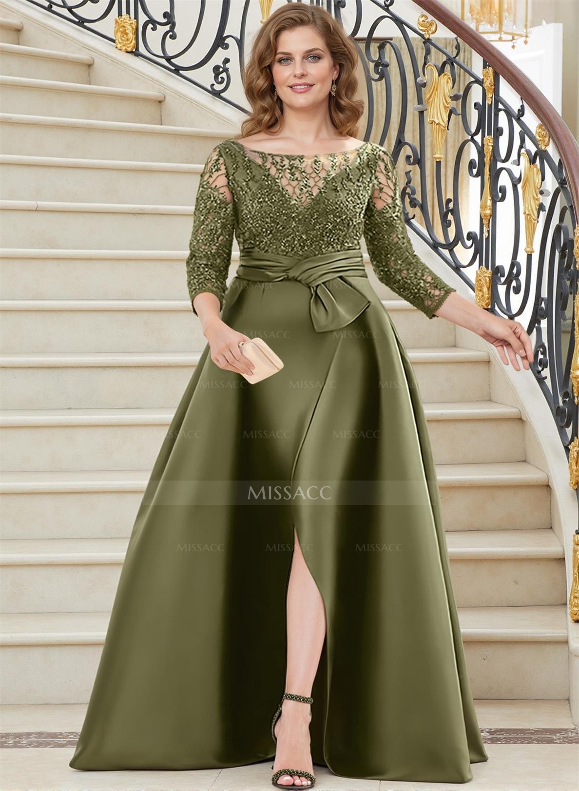 A-Line Illusion Neck 3/4 Sleeves Floor-Length Satin Mother Of The Bride Dresses With Split Front