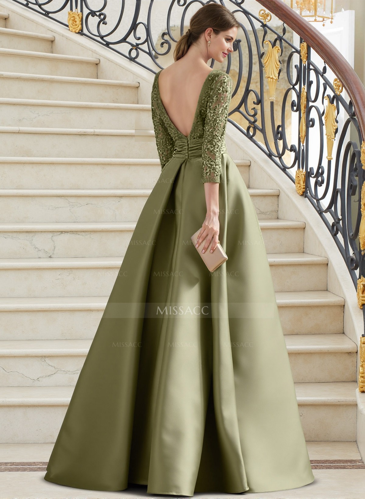 A-Line Illusion Neck 3/4 Sleeves Floor-Length Satin Mother Of The Bride Dresses With Split Front