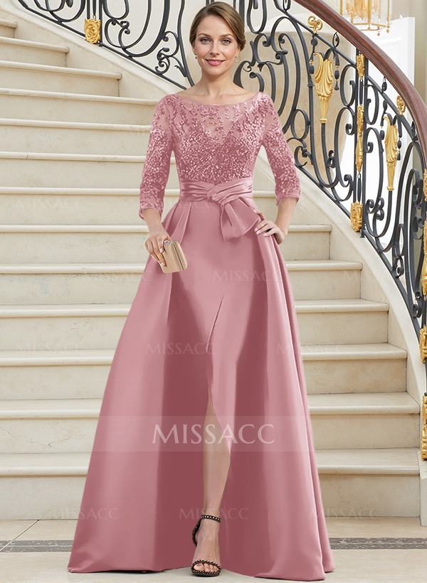 A-Line Illusion Neck 3/4 Sleeves Floor-Length Satin Mother