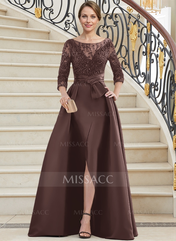 A-Line Illusion Neck 3/4 Sleeves Floor-Length Satin Mother