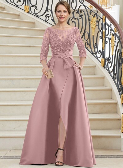 A-Line Illusion Neck 3/4 Sleeves Floor-Length Satin Mother Of The Bride Dresses With Split Front
