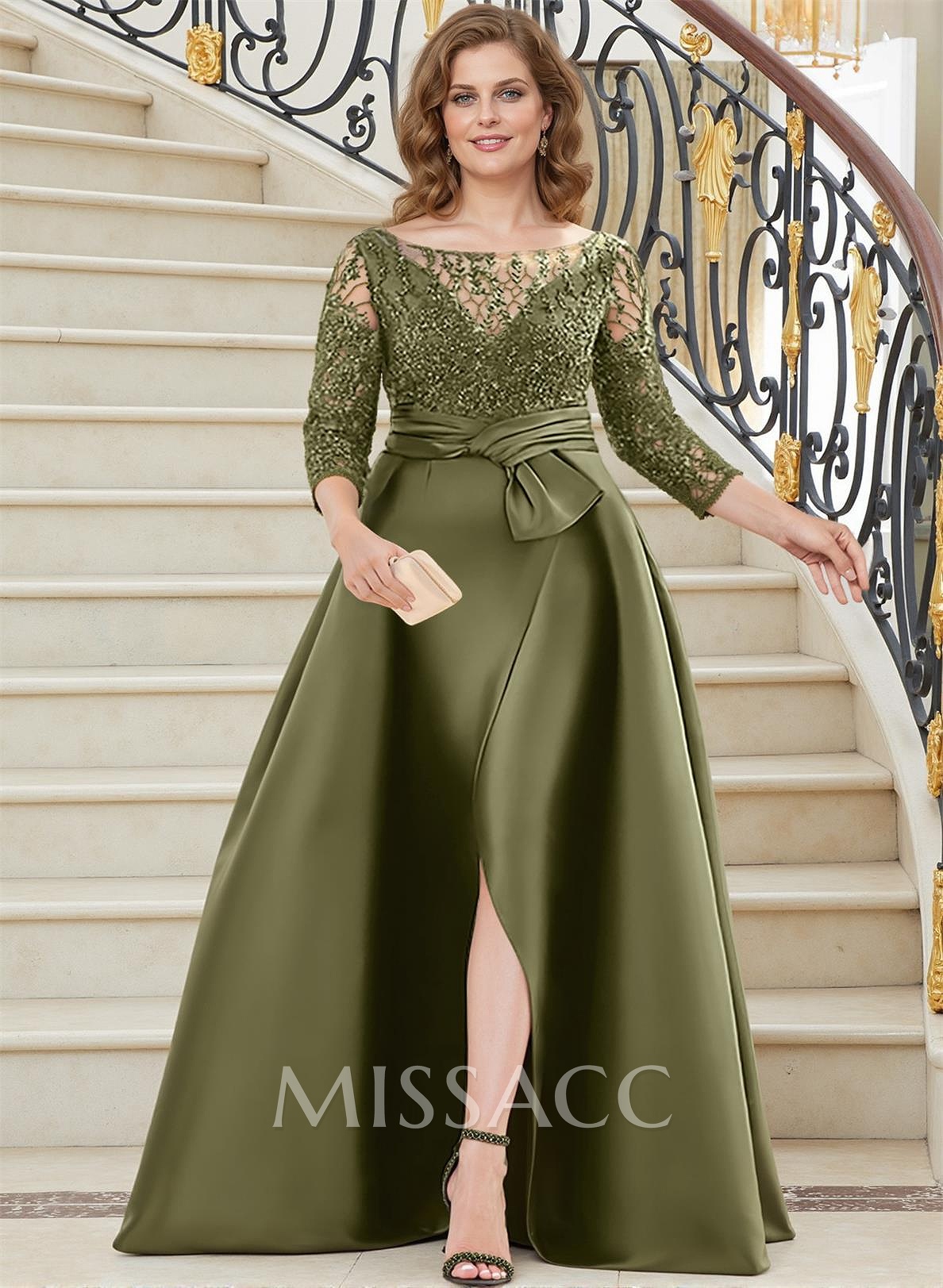 A-Line Illusion Neck 3/4 Sleeves Floor-Length Satin Mother Of The Bride Dresses With Split Front