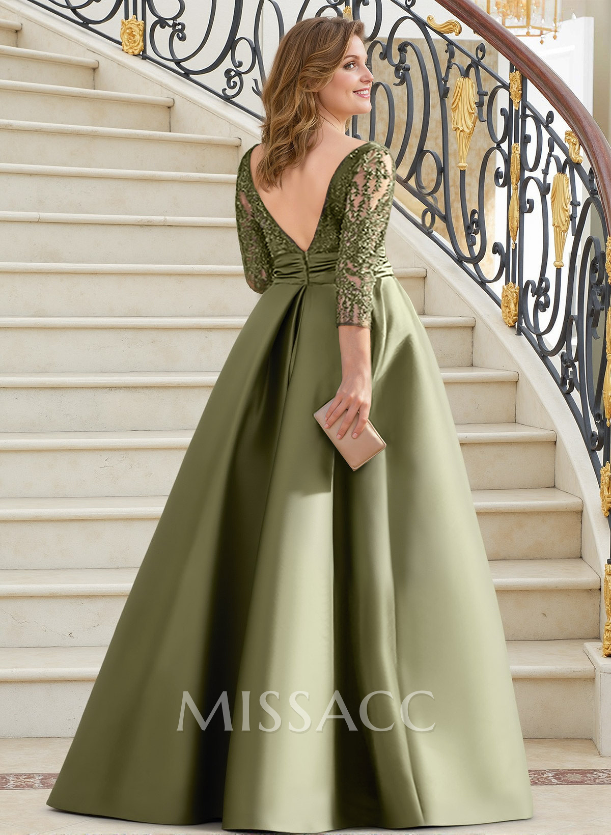 A-Line Illusion Neck 3/4 Sleeves Floor-Length Satin Mother Of The Bride Dresses With Split Front