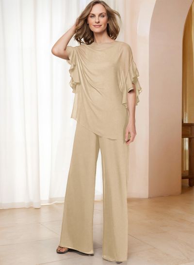 Jumpsuit/Pantsuit Scoop Neck 1/2 Sleeves Chiffon Mother Of The Bride Dresses