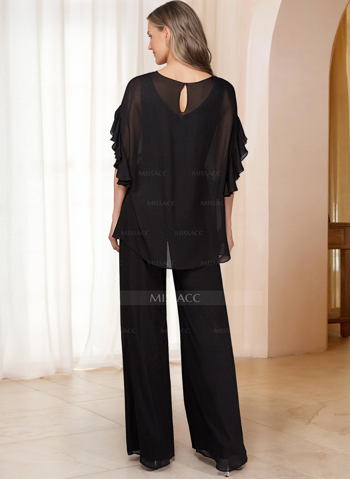 Jumpsuit/Pantsuit Scoop Neck 1/2 Sleeves Chiffon Mother Of The Bride Dresses