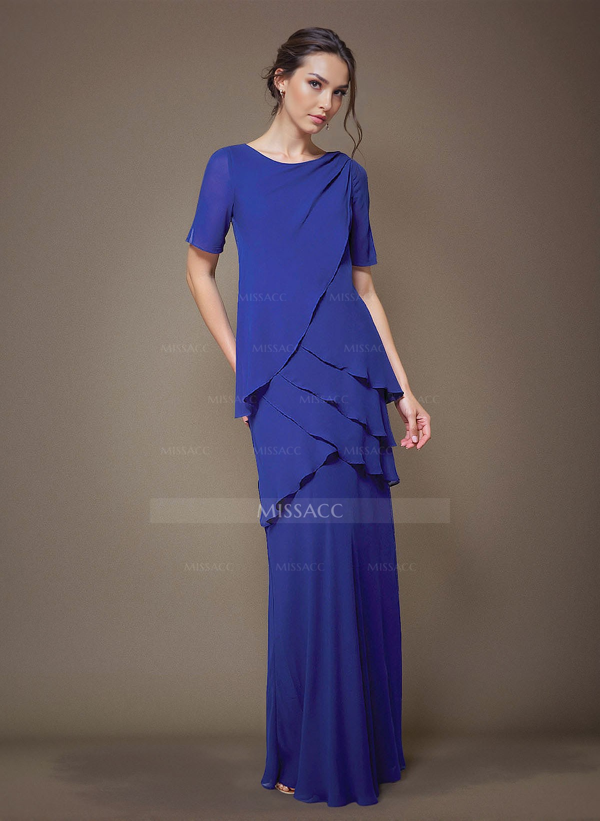 Sheath/Column Scoop Neck Short Sleeves Chiffon Mother Of The Bride Dresses