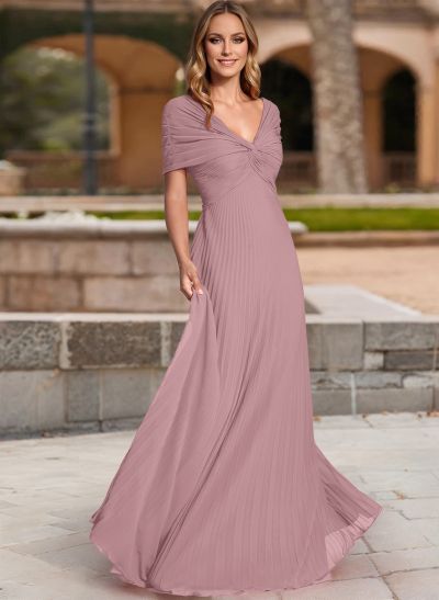 A-Line V-Neck 1/2 Sleeves Floor-Length Chiffon Mother Of The Bride Dresses