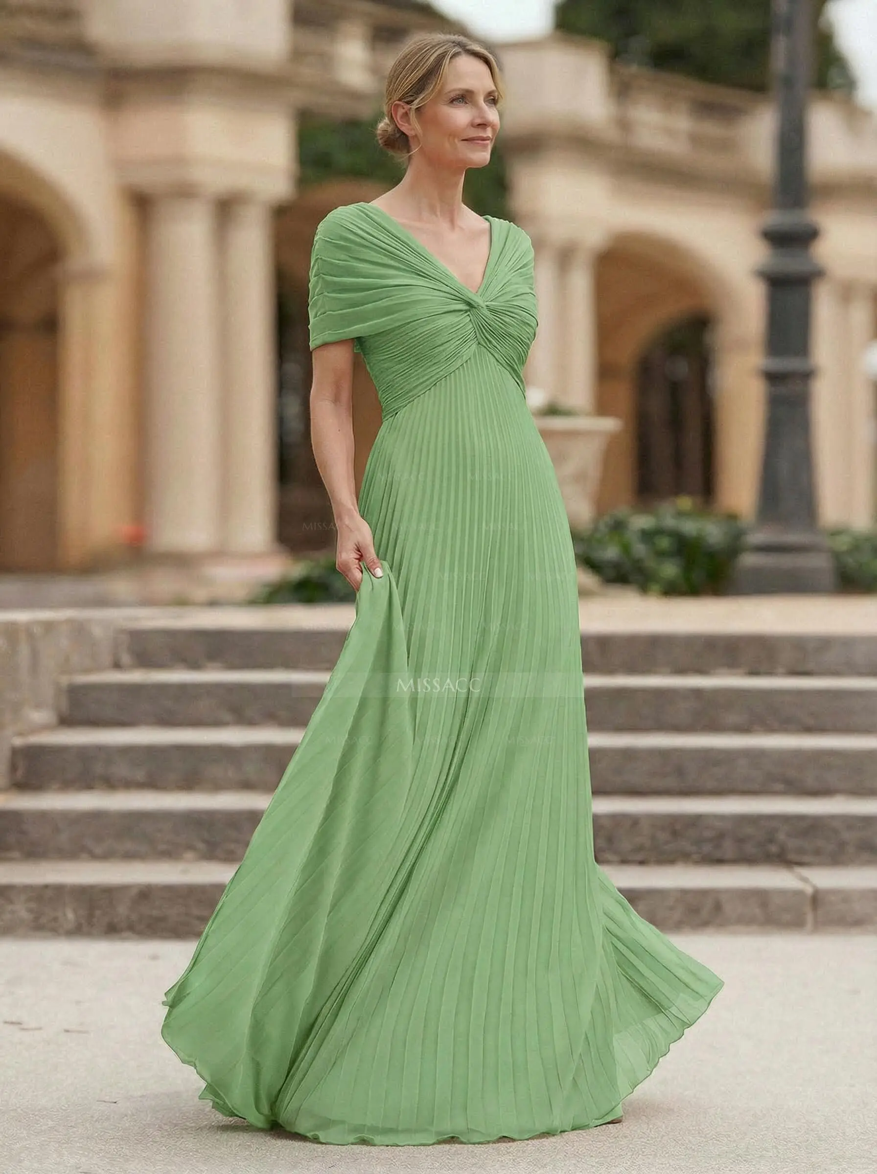 A-Line V-Neck 1/2 Sleeves Floor-Length Chiffon Mother Of The Bride Dresses  $138