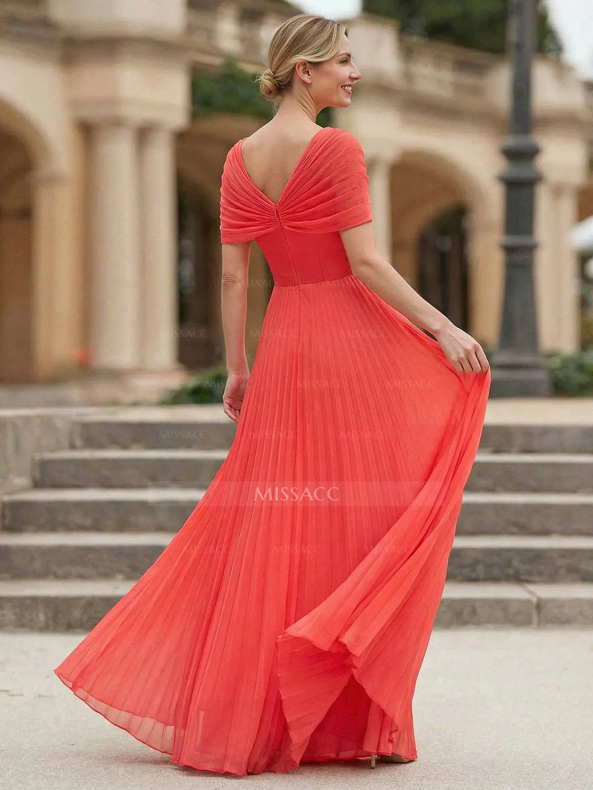Missacc Petal Mother Of The Bride Dresses A-Line V-Neck 1/2 Sleeves Floor-Length Chiffon Mother Of The Bride Dresses