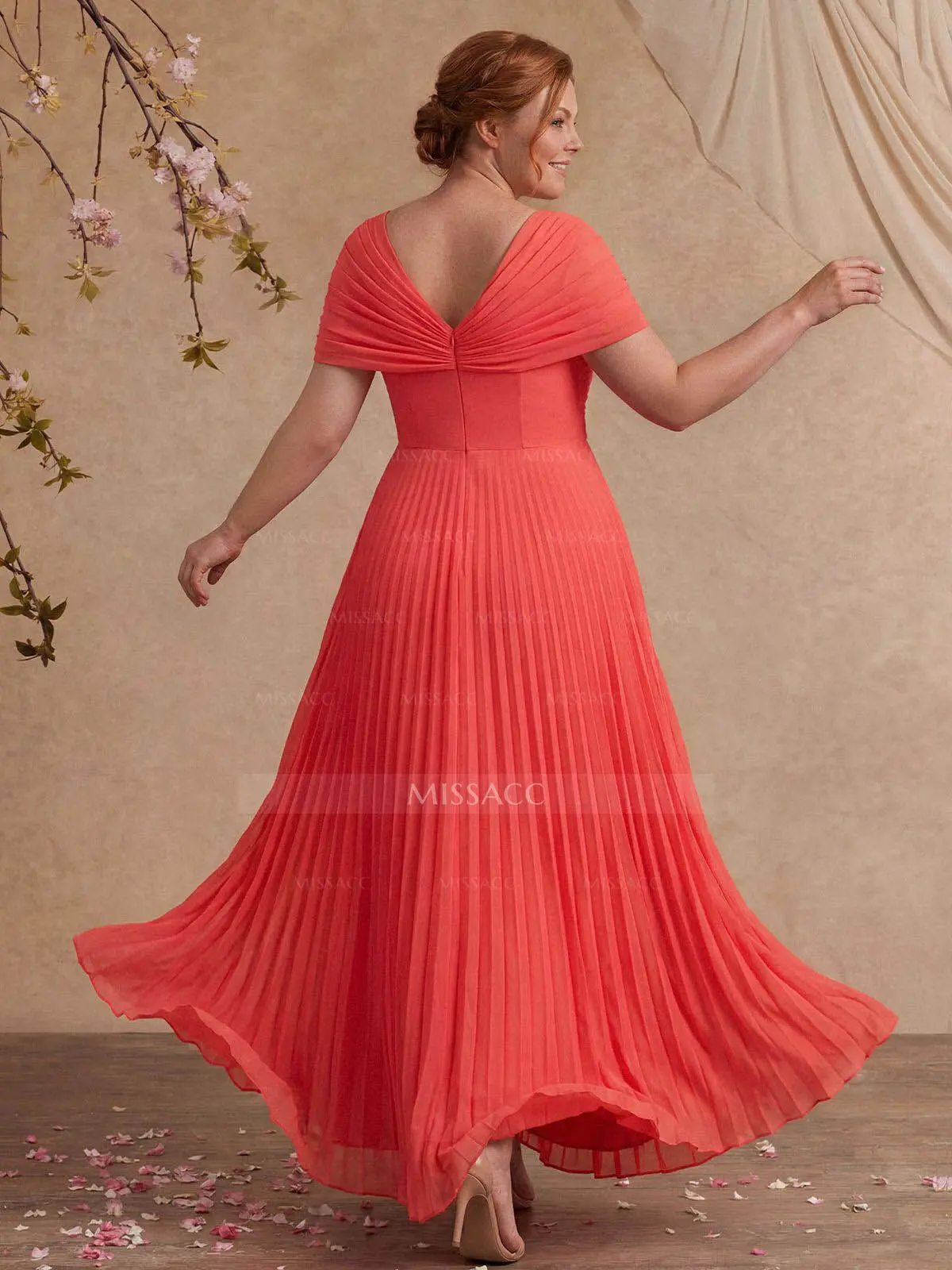 A-Line V-Neck 1/2 Sleeves Floor-Length Chiffon Mother Of The Bride Dresses  - Missacc
